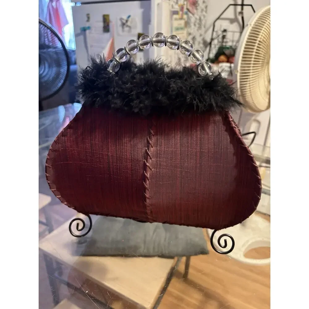 Purse Table Lamp Light Vintage Brown Faux Fur Top Beaded Handle Retro 11.5